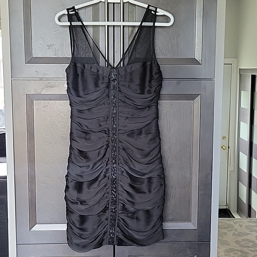 Satin Ruched Bodycon Mesh Dress